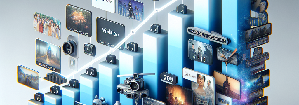 3D bar chart showing AI video market growth projection, with overlaid images of streaming service logos, social media icons, and indie film festival stills. Modern infographic style.
